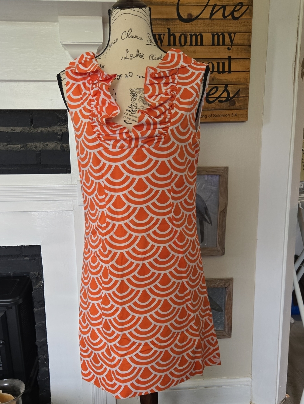 Nattie MackOrange Scallop-Print Ruffle Neck Sleeveless Dress